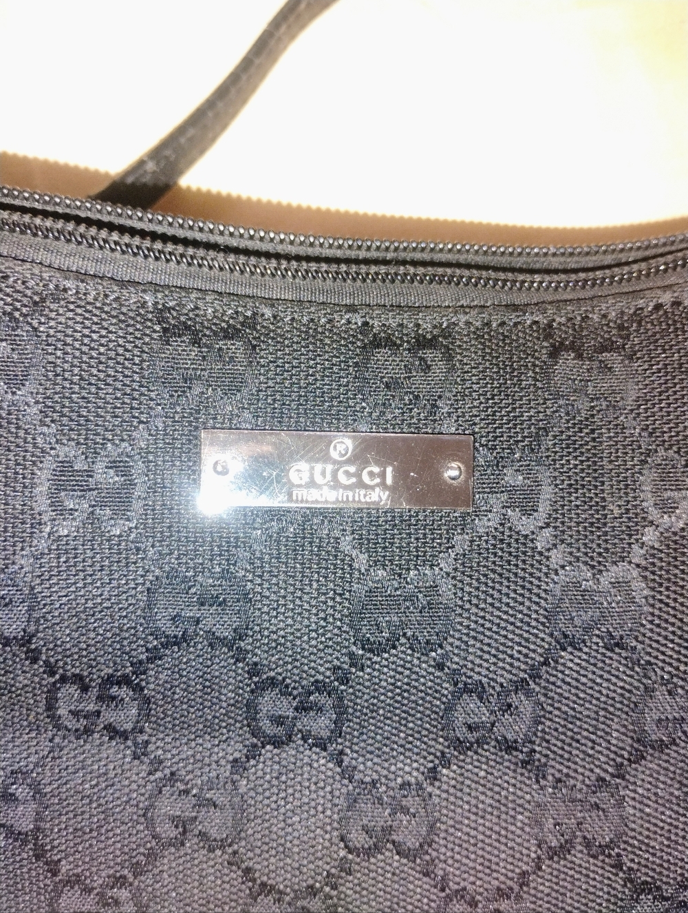 Gucci Black GG Monogram Canvas Shoulder Bag with Logo Plaque